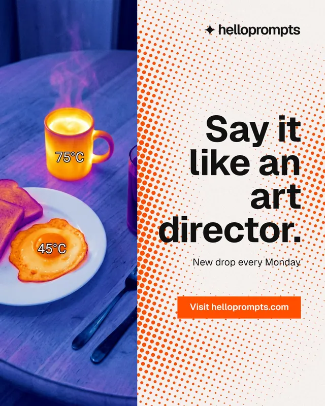 Instagram portrait post for HelloPrompts: "Say it like an art director." Split block style, right layout, light palette in blue, orange, grey.