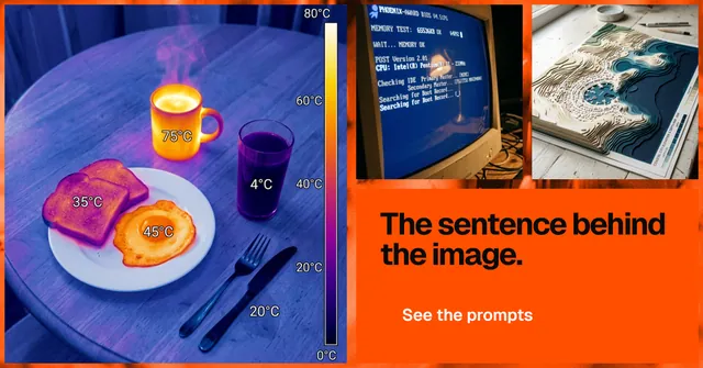 Social ad for HelloPrompts: "The sentence behind the image." Swiss style, collage layout, dark palette in red, purple, blue.