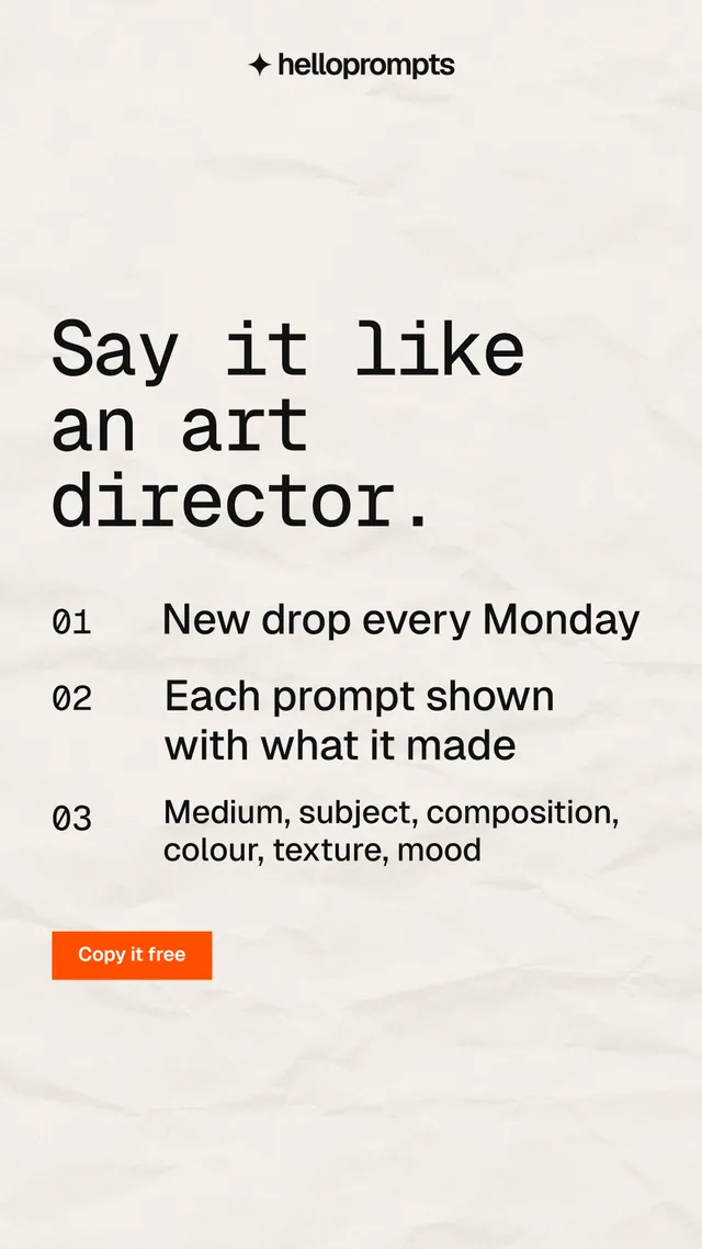 Instagram story for HelloPrompts: "Say it like an art director." Swiss style, numbered layout, light palette in white, grey.