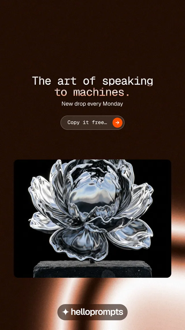 Instagram story for HelloPrompts: "The art of speaking to machines." Agentic glass style, centred layout, dark palette in black, grey.