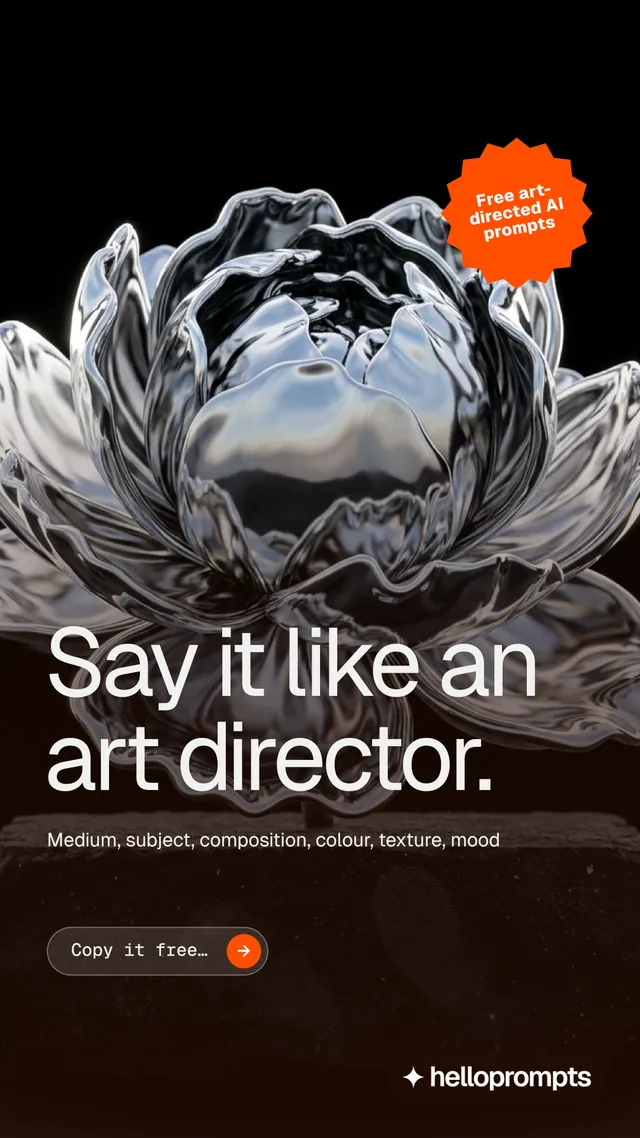 Instagram story for HelloPrompts: "Say it like an art director." Agentic glass style, sticker layout, dark palette in black, grey.