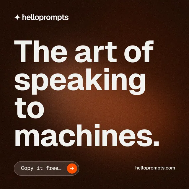 Instagram post for HelloPrompts: "The art of speaking to machines." Agentic glass style, poster layout, dark palette in orange, black, grey.