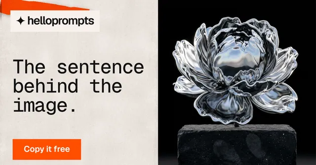 Social ad for HelloPrompts: "The sentence behind the image." Swiss style, bottom layout, light palette in black, orange, grey.