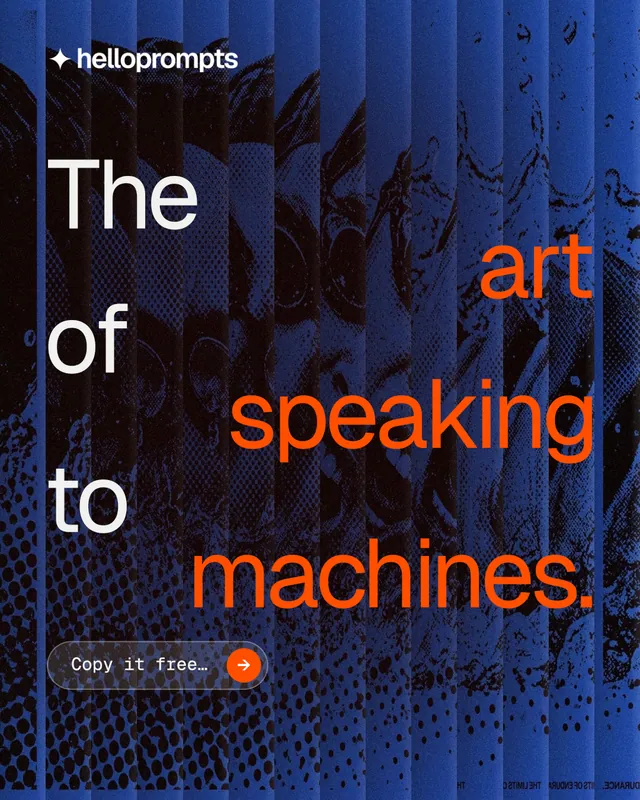 Instagram portrait post for HelloPrompts: "The art of speaking to machines." Agentic glass style, stacked layout, dark palette in blue, black, purple.