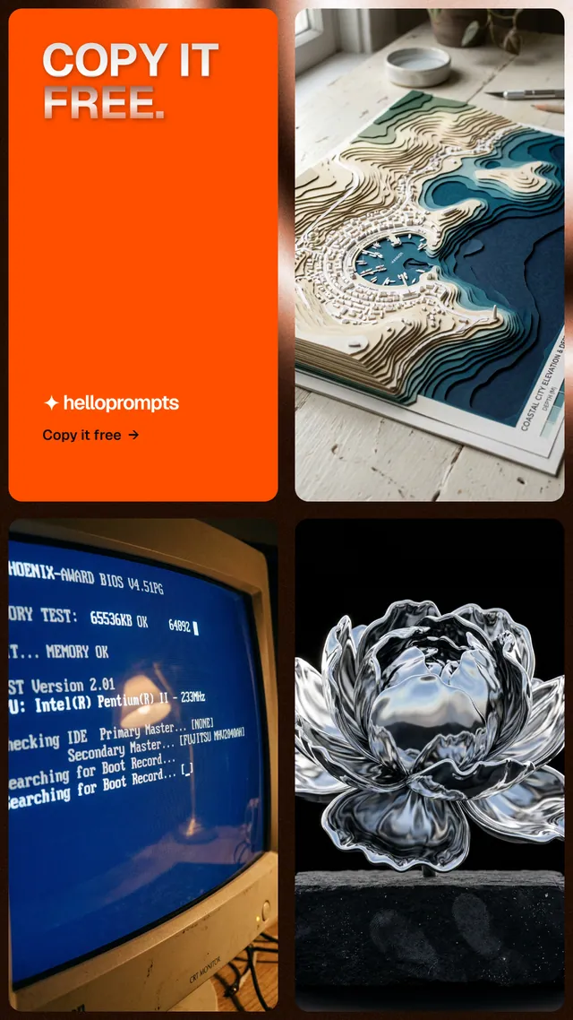 Instagram story for HelloPrompts: "Copy it free." Agentic glass style, collage layout, dark palette in black, orange, grey.