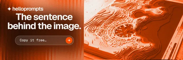 X header for HelloPrompts: "The sentence behind the image." Agentic glass style, skeleton layout, dark palette in orange.