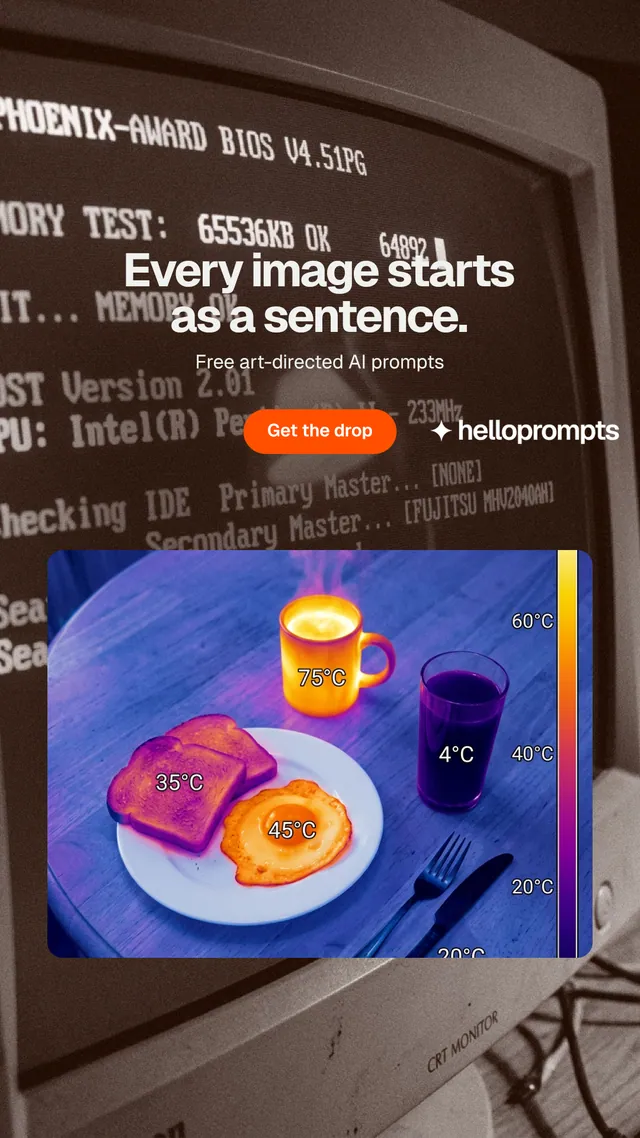Instagram story for HelloPrompts: "Every image starts as a sentence." Photo poster style, centred layout, dark palette in black, red, grey.
