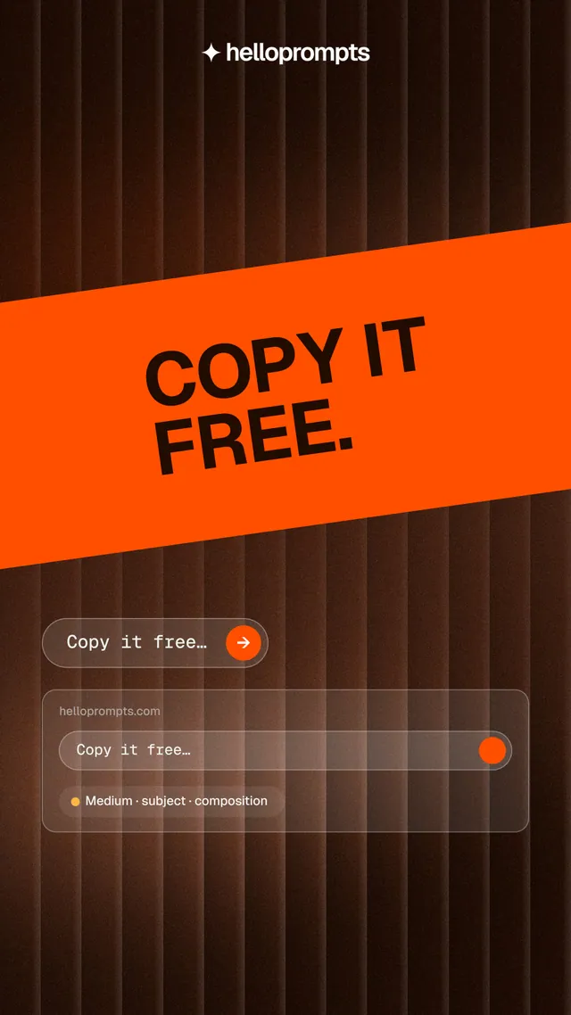 Instagram story for HelloPrompts: "Copy it free." Agentic glass style, diagonal layout, dark palette in orange, black.