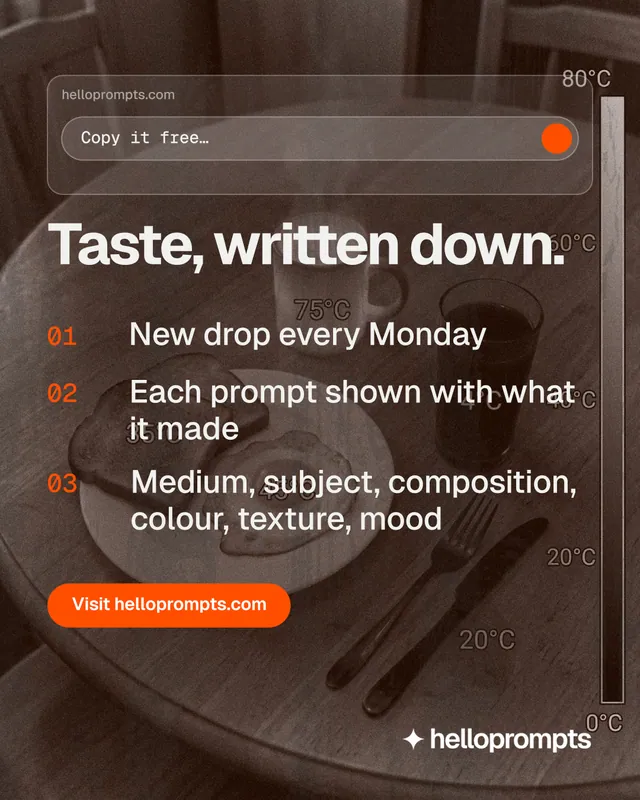 Instagram portrait post for HelloPrompts: "Taste, written down." Photo poster style, numbered layout, dark palette in orange, grey.