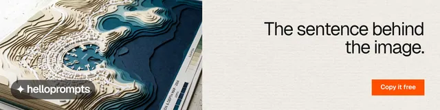 LinkedIn banner for HelloPrompts: "The sentence behind the image." Swiss style, right layout, light palette in yellow, grey.