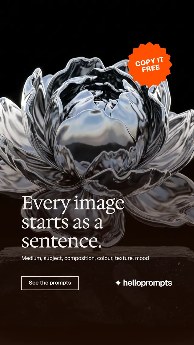 Instagram story for HelloPrompts: "Every image starts as a sentence." Editorial style, sticker layout, dark palette in black, grey.