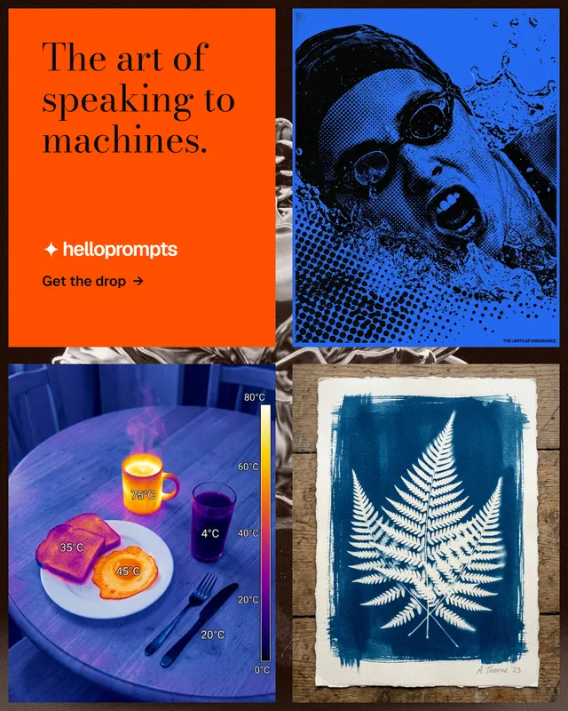 Instagram portrait post for HelloPrompts: "The art of speaking to machines." Minimal luxury style, collage layout, dark palette in blue, red, grey.