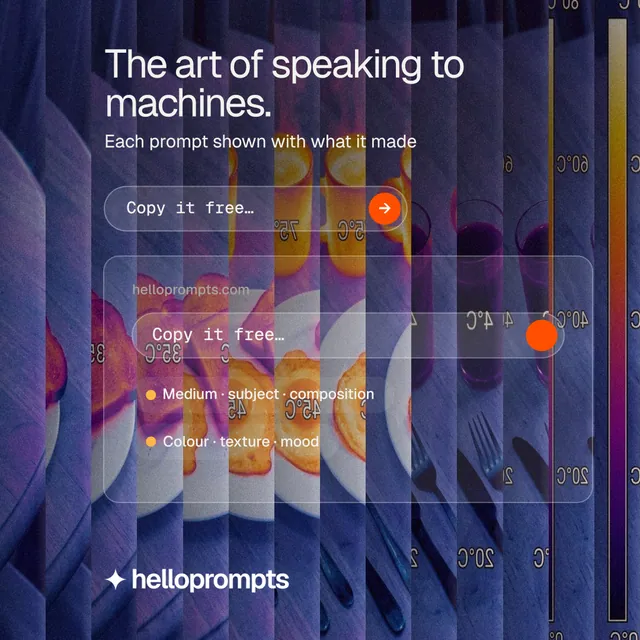 Instagram post for HelloPrompts: "The art of speaking to machines." Agentic glass style, skeleton layout, dark palette in blue, purple, grey.