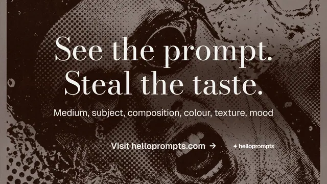 Landscape graphic for HelloPrompts: "See the prompt. Steal the taste." Minimal luxury style, centred layout, dark palette in black, orange, grey.