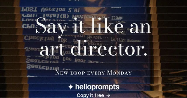 Social ad for HelloPrompts: "Say it like an art director." Minimal luxury style, smallcaps layout, dark palette in black, blue, grey.