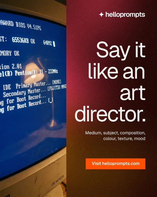Instagram portrait post for HelloPrompts: "Say it like an art director." Swiss style, right layout, dark palette in red, blue, black.