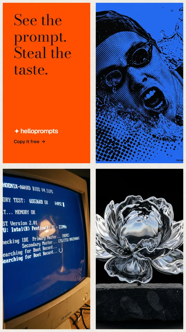 Instagram story for HelloPrompts: "See the prompt. Steal the taste." Minimal luxury style, collage layout, dark palette in black, red, blue.