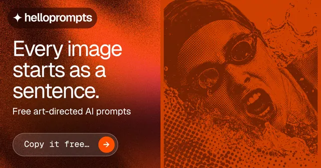Social ad for HelloPrompts: "Every image starts as a sentence." Agentic glass style, bottom layout, dark palette in orange, red.