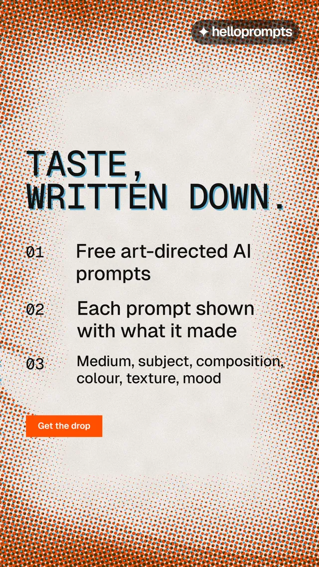 Instagram story for HelloPrompts: "Taste, written down." Retro print style, numbered layout, light palette in orange, brown.