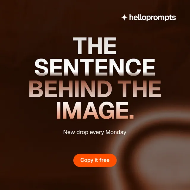 Instagram post for HelloPrompts: "The sentence behind the image." Y2K style, centred layout, dark palette in black, orange.