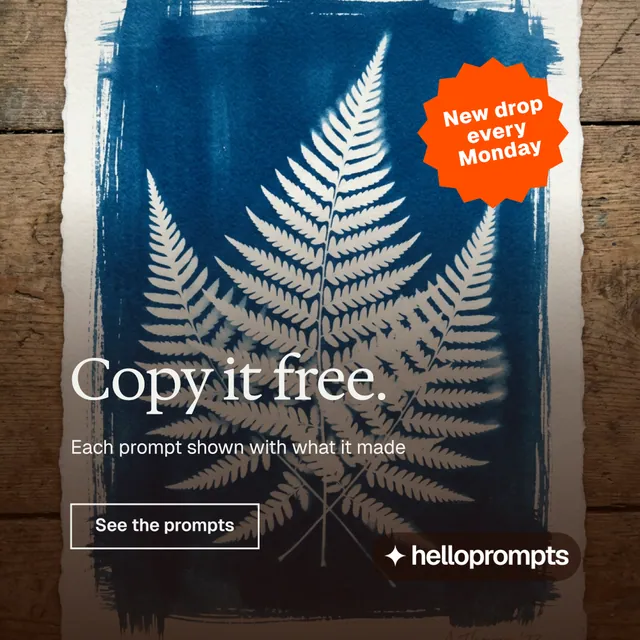 Instagram post for HelloPrompts: "Copy it free." Editorial style, sticker layout, dark palette in orange, blue, grey.