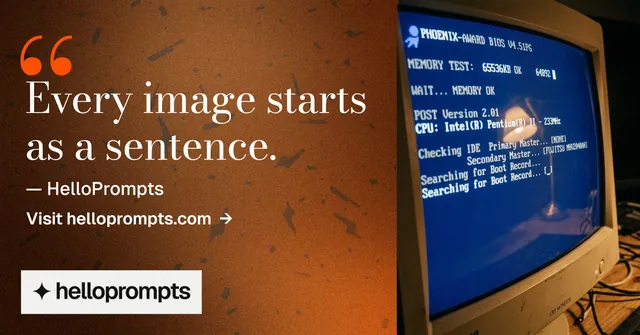 Social ad for HelloPrompts: "Prompts that show their work." Minimal luxury style, quote layout, dark palette in orange, blue.