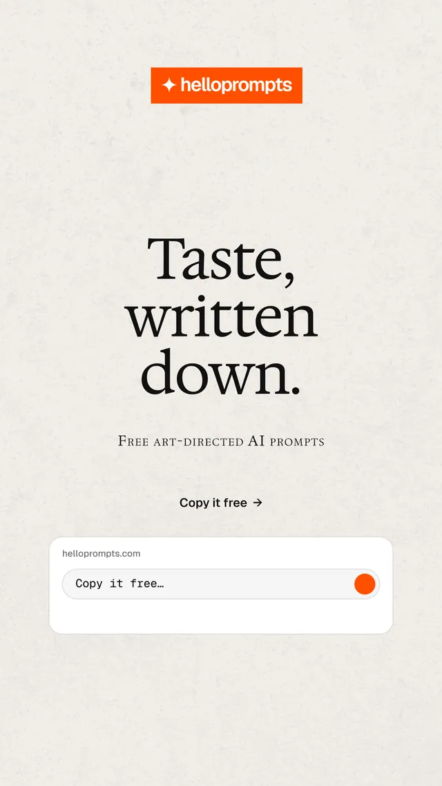 Instagram story for HelloPrompts: "Taste, written down." Editorial style, smallcaps layout, light palette in yellow, white, orange.