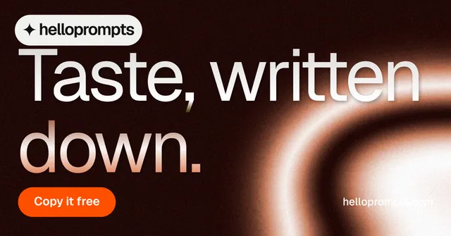 Social ad for HelloPrompts: "Taste, written down." Y2K style, poster layout, dark palette in black, orange.