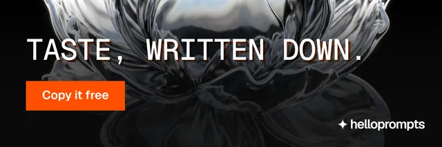 X header for HelloPrompts: "Taste, written down." Retro print style, skeleton layout, dark palette in black, grey.