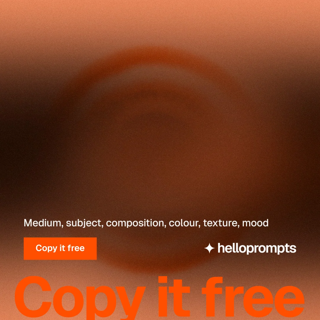 Instagram post for HelloPrompts: "Prompts that show their work." Swiss style, oversized layout, dark palette in orange, brown.