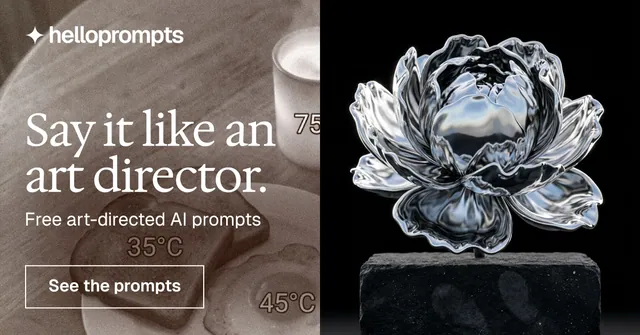 Social ad for HelloPrompts: "Say it like an art director." Editorial style, bottom layout, dark palette in black, grey.