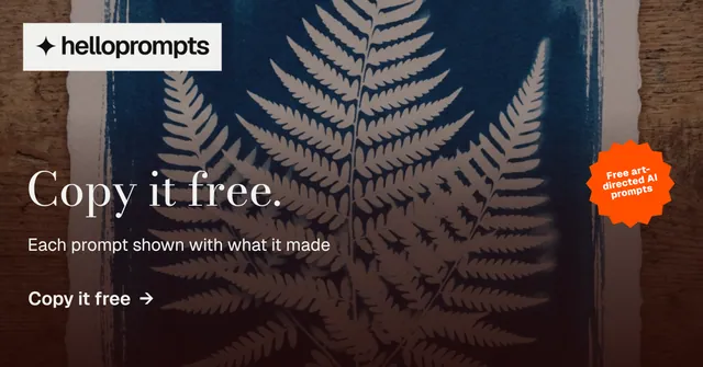 Social ad for HelloPrompts: "Copy it free." Minimal luxury style, sticker layout, dark palette in red, blue, grey.