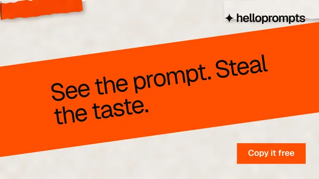 Landscape graphic for HelloPrompts: "See the prompt. Steal the taste." Swiss style, diagonal layout, light palette in orange.