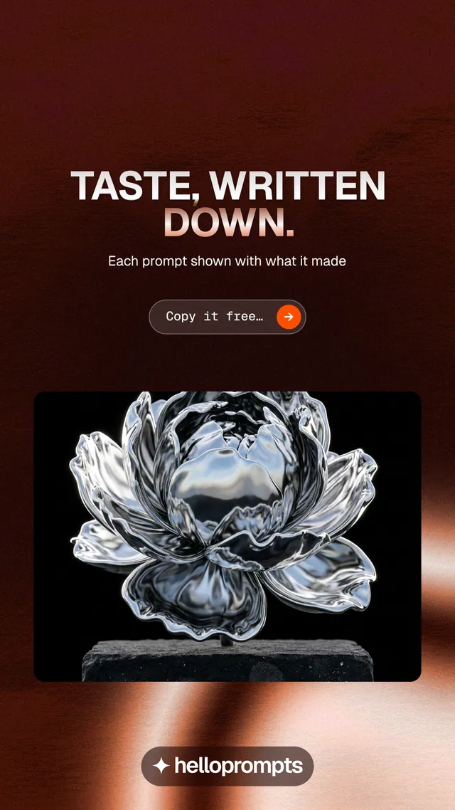 Instagram story for HelloPrompts: "Taste, written down." Agentic glass style, centred layout, dark palette in red, black, grey.