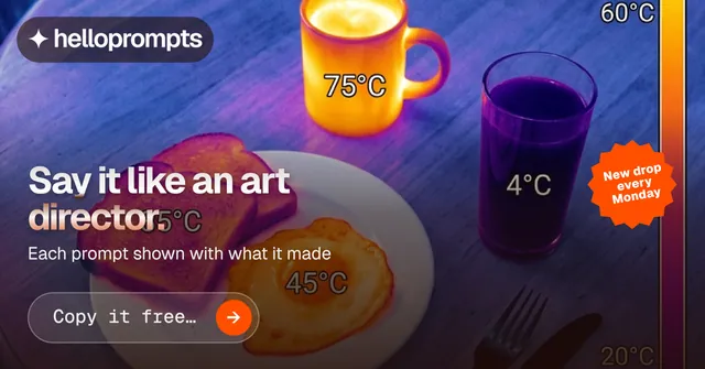 Social ad for HelloPrompts: "Say it like an art director." Agentic glass style, sticker layout, dark palette in purple, pink, blue.