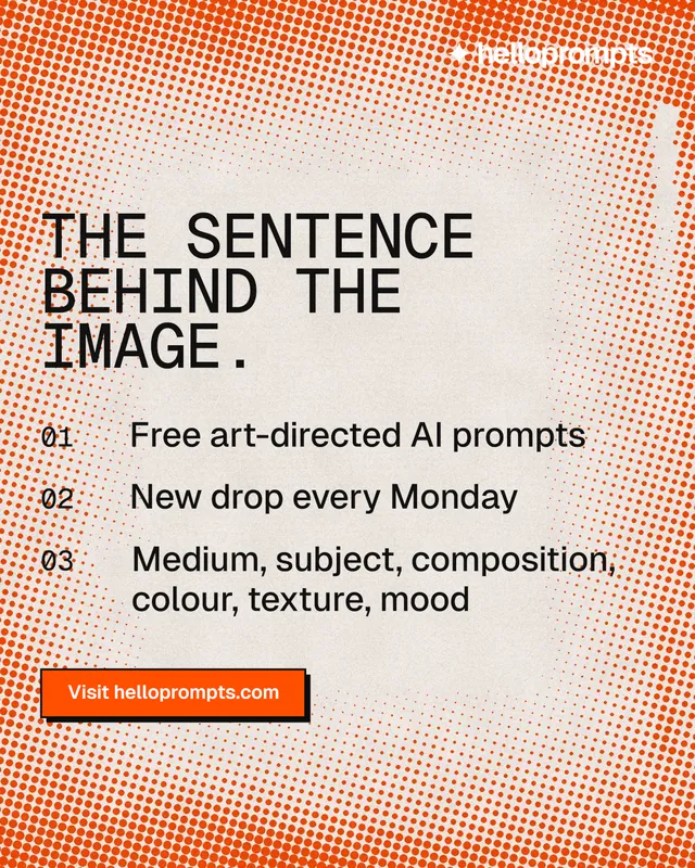 Instagram portrait post for HelloPrompts: "The sentence behind the image." Brutalist style, numbered layout, light palette in orange.