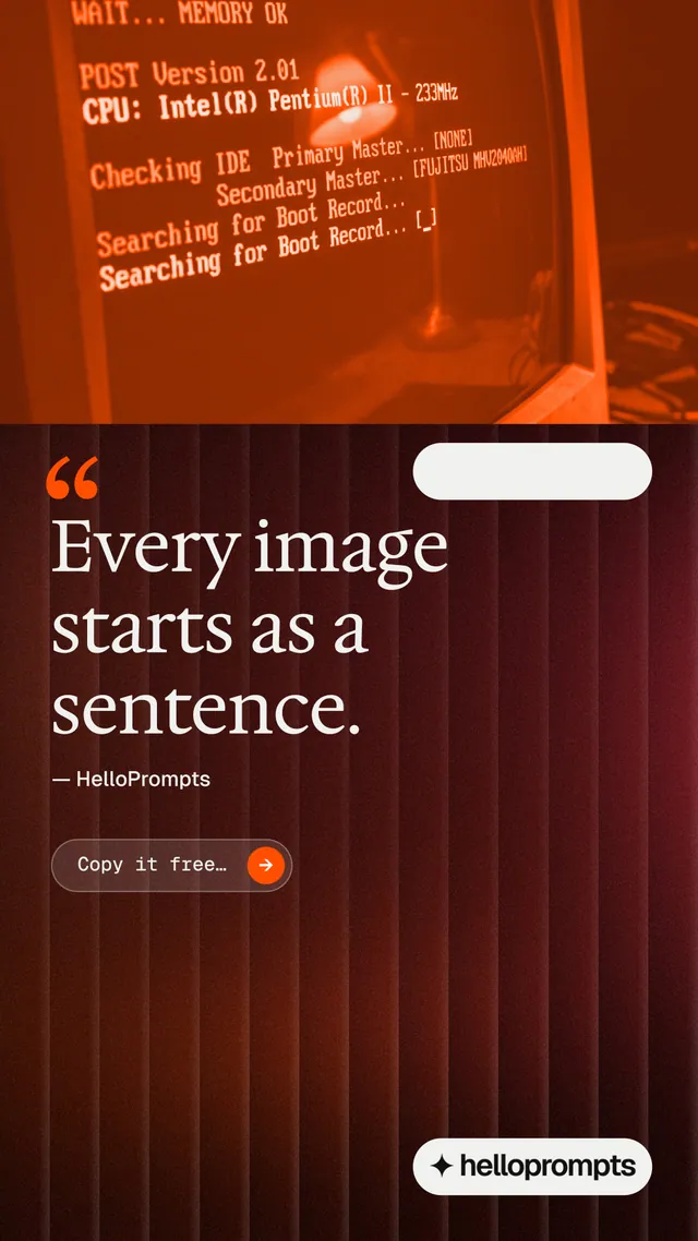 Instagram story for HelloPrompts: "The art of speaking to machines." Agentic glass style, quote layout, dark palette in orange, red.