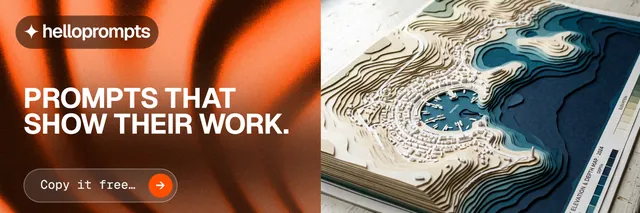 X header for HelloPrompts: "Prompts that show their work." Agentic glass style, bottom layout, light palette in black, orange, grey.