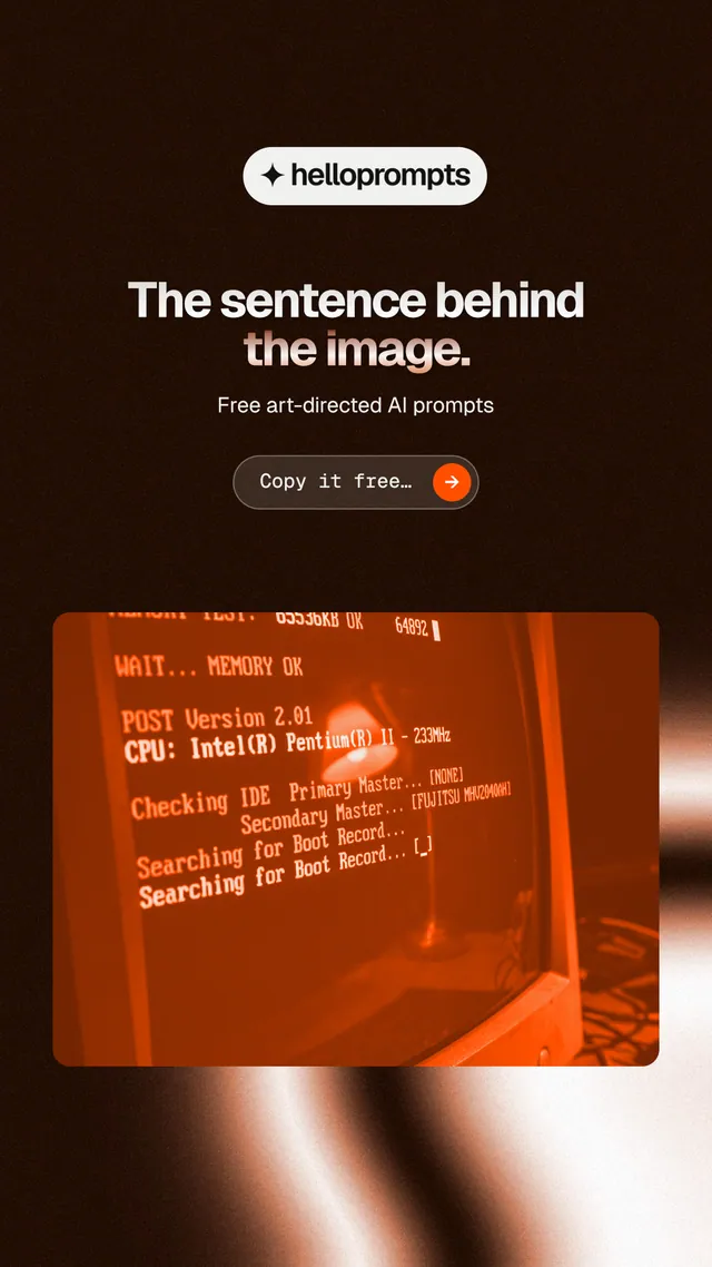 Instagram story for HelloPrompts: "The sentence behind the image." Agentic glass style, centred layout, dark palette in orange, black.
