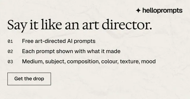 Social ad for HelloPrompts: "Say it like an art director." Editorial style, numbered layout, light palette in yellow, white, grey.
