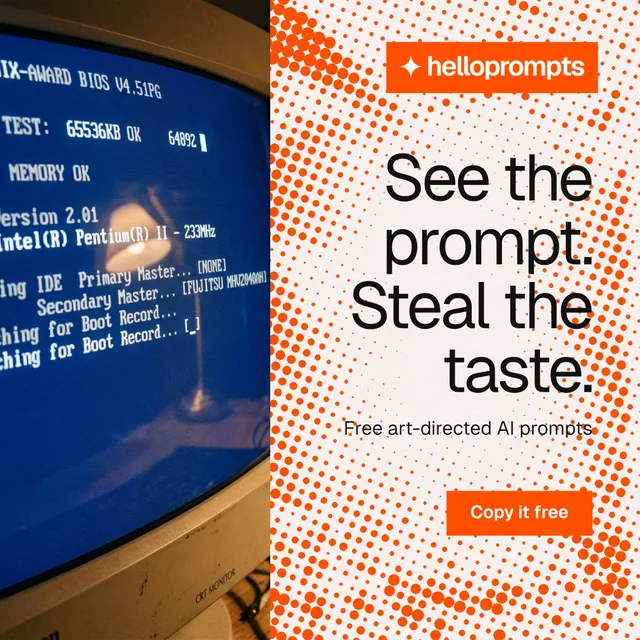 Instagram post for HelloPrompts: "See the prompt. Steal the taste." Swiss style, right layout, light palette in orange, blue, grey.