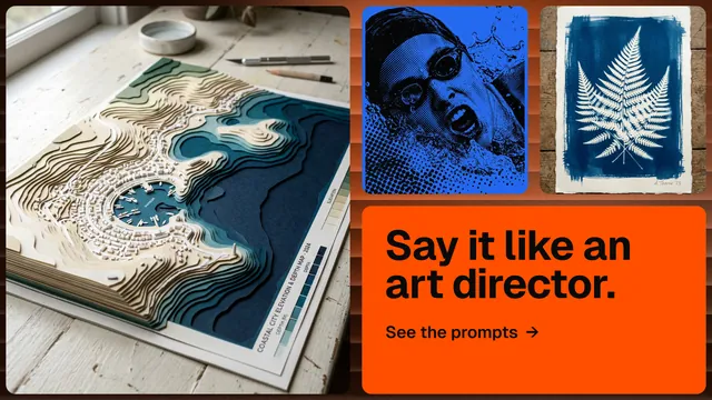 Landscape graphic for HelloPrompts: "Say it like an art director." Agentic glass style, collage layout, light palette in blue, orange, grey.