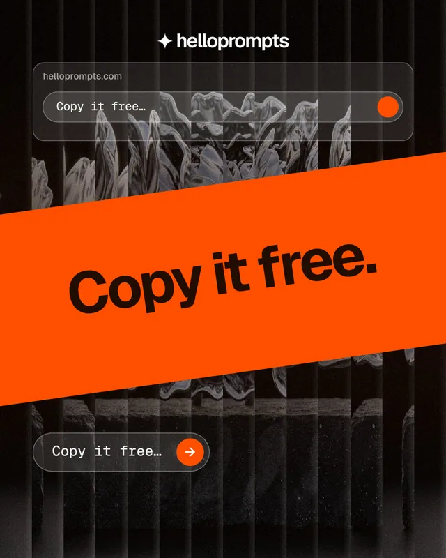 Instagram portrait post for HelloPrompts: "Copy it free." Agentic glass style, diagonal layout, dark palette in black, orange.