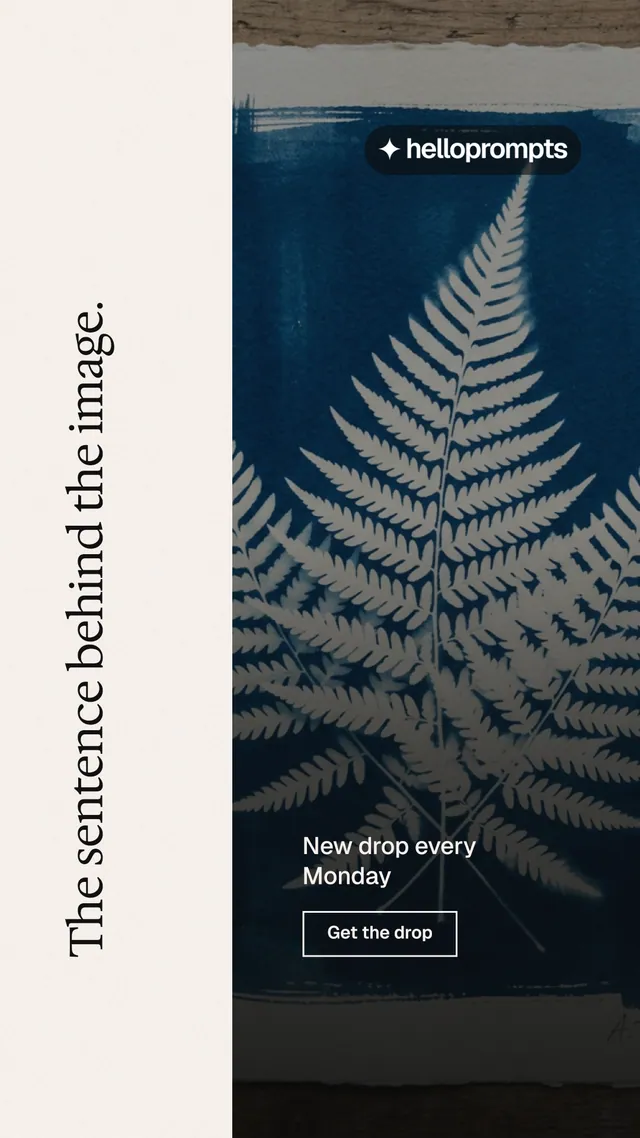 Instagram story for HelloPrompts: "The sentence behind the image." Editorial style, vertical layout, light palette in black, white, blue.