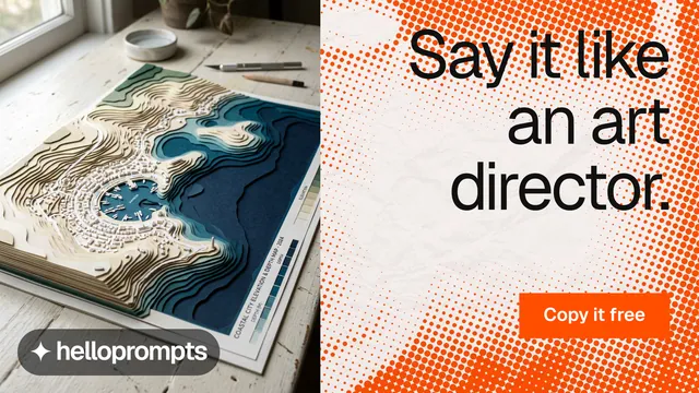 Landscape graphic for HelloPrompts: "Say it like an art director." Split block style, right layout, light palette in orange, white.