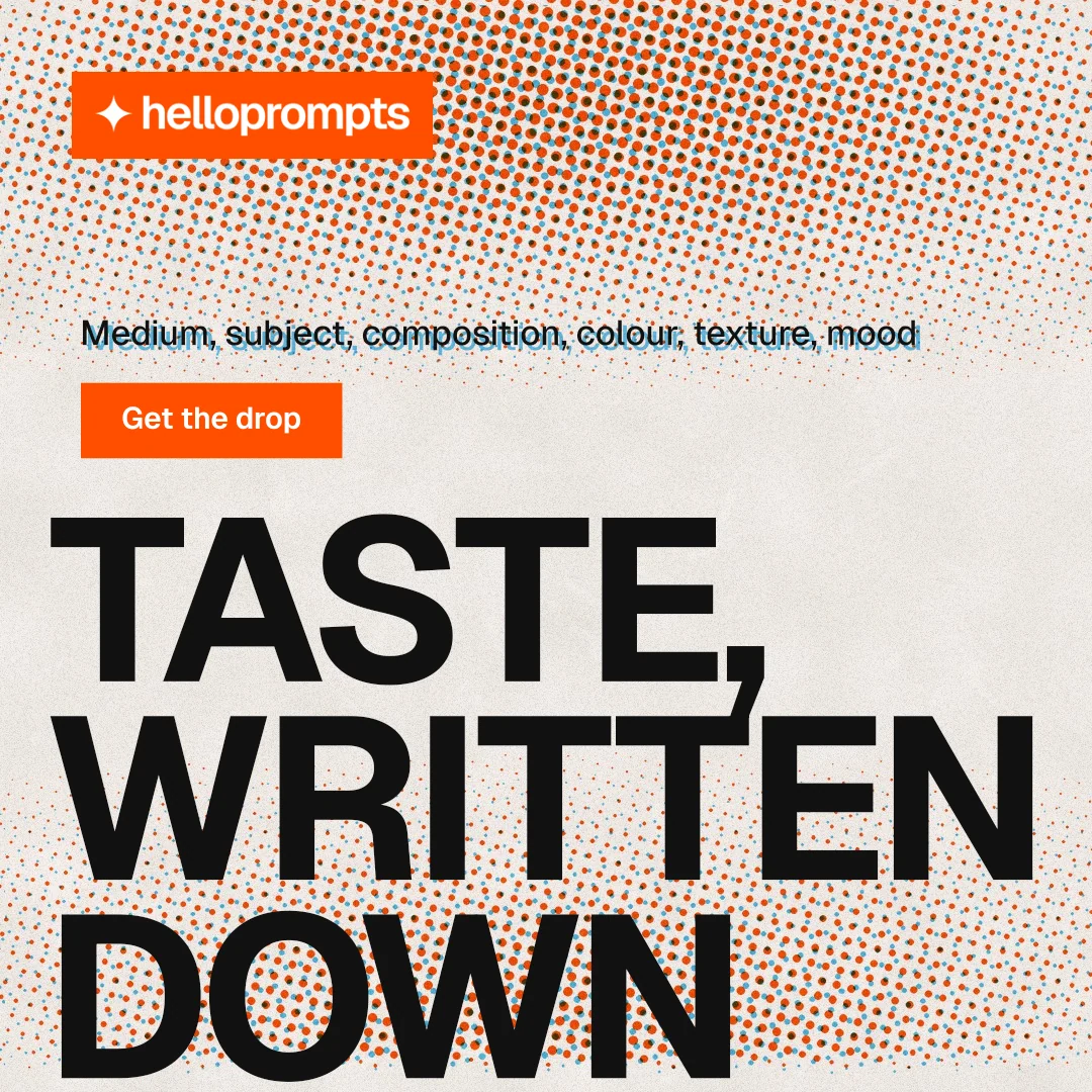 Instagram post for HelloPrompts: "Taste, written down." Swiss style, oversized layout, light palette in orange.