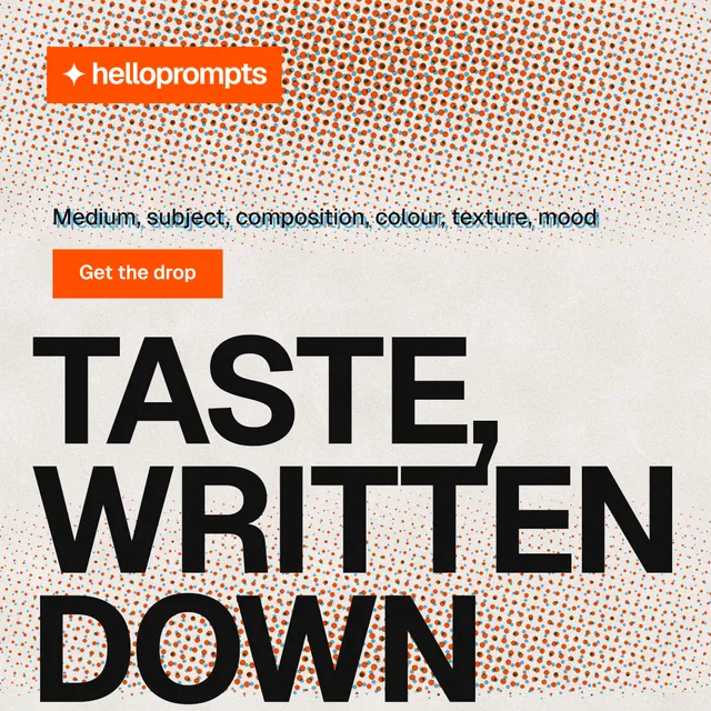 Instagram post for HelloPrompts: "Taste, written down." Swiss style, oversized layout, light palette in orange.