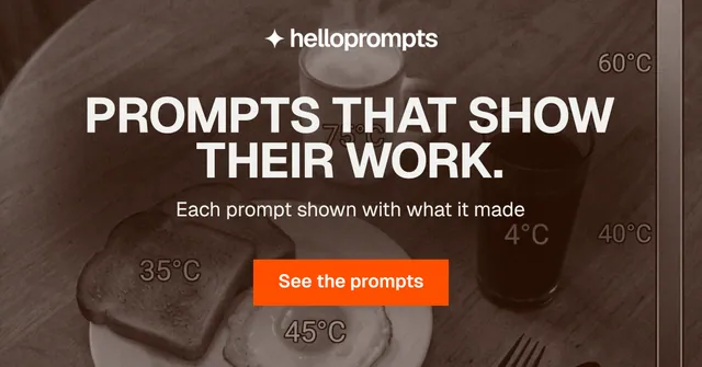 Social ad for HelloPrompts: "Prompts that show their work." Swiss style, centred layout, dark palette in orange, grey.