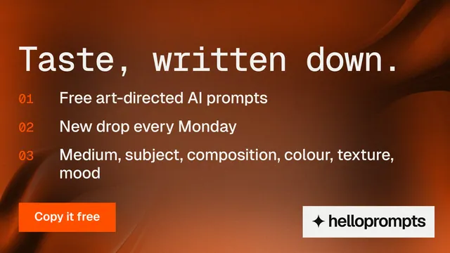 Landscape graphic for HelloPrompts: "Taste, written down." Swiss style, numbered layout, dark palette in orange, brown.