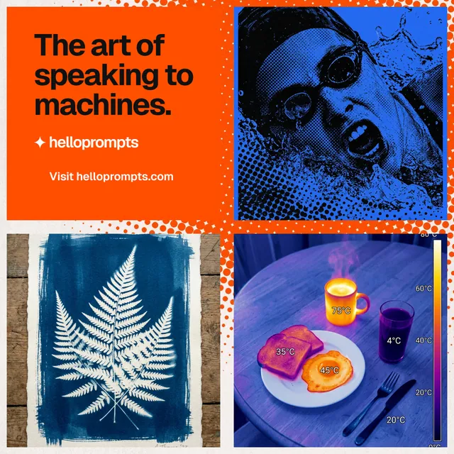 Instagram post for HelloPrompts: "The art of speaking to machines." Split block style, collage layout, dark palette in blue, red, grey.